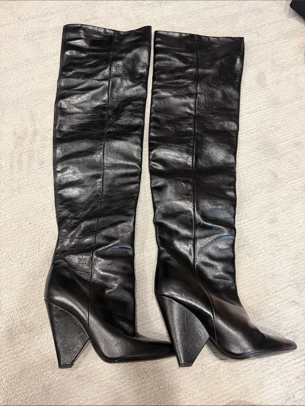 Saint Laurent Black Leather Over-the-Knee Block Heel Boots